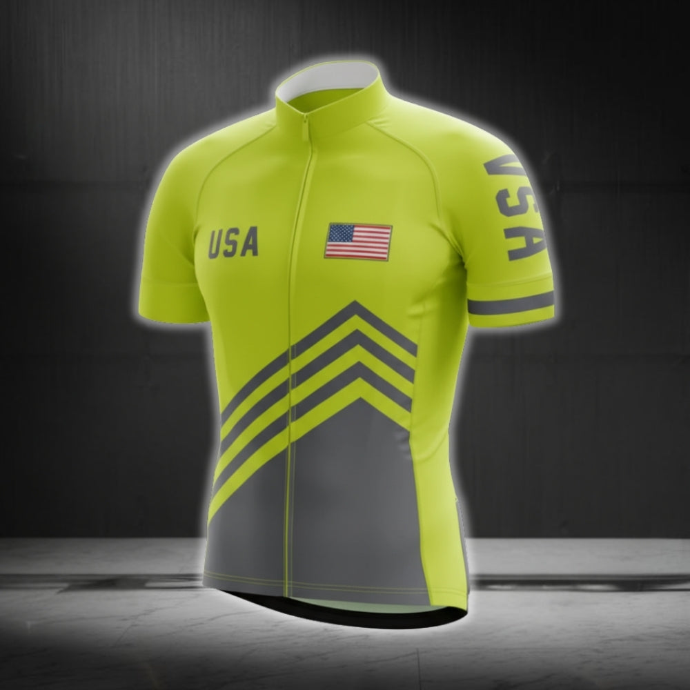 Green And Grey USA Flag Cycling Short Sleeve Men's Jersey, Patriotic Cycling Jerseys CG0558