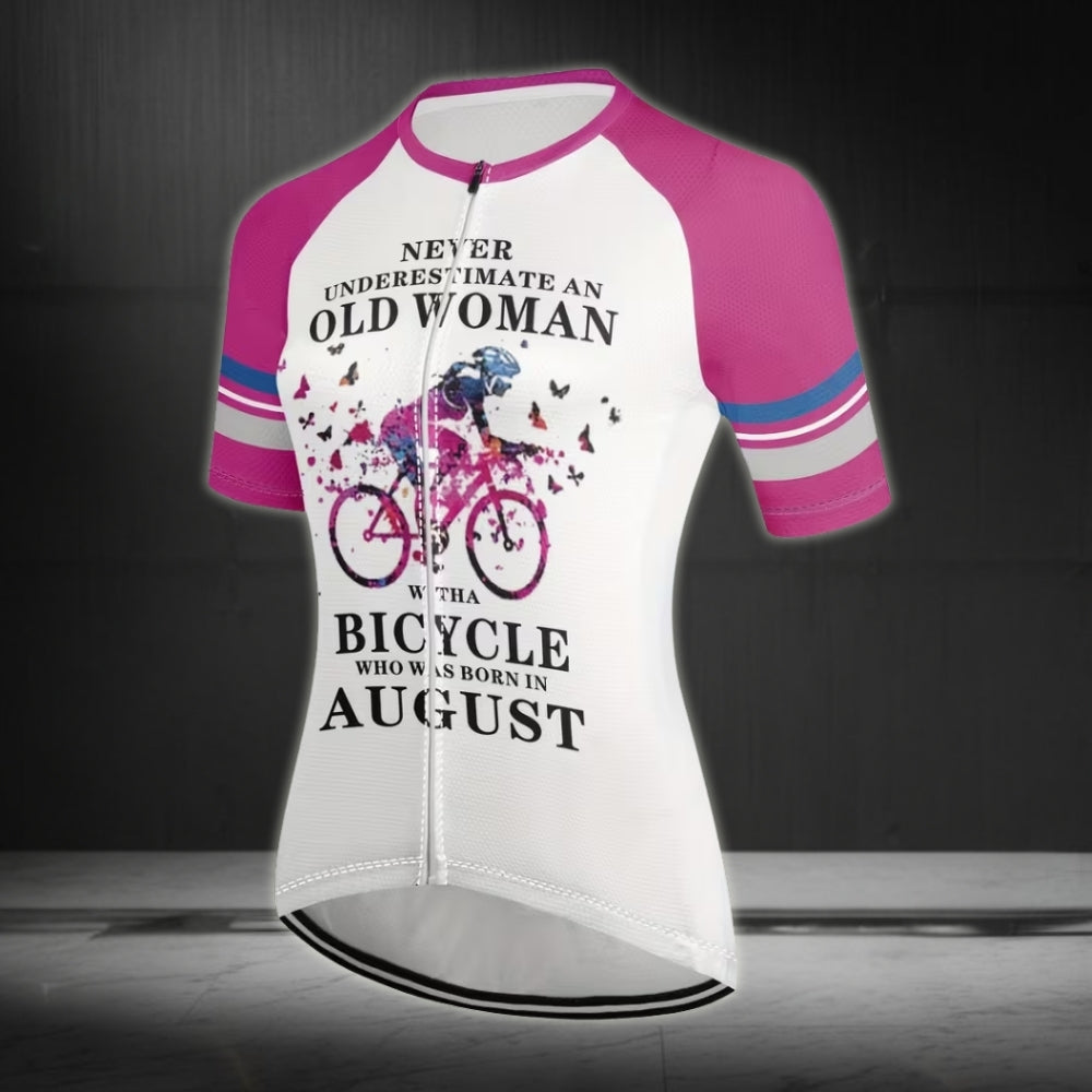 Never Underestimate An Old Woman With A Bicycle Who Was Born In August Cycling Short Sleeve Jersey, Funny Cycling Jerseys For Women CE0019
