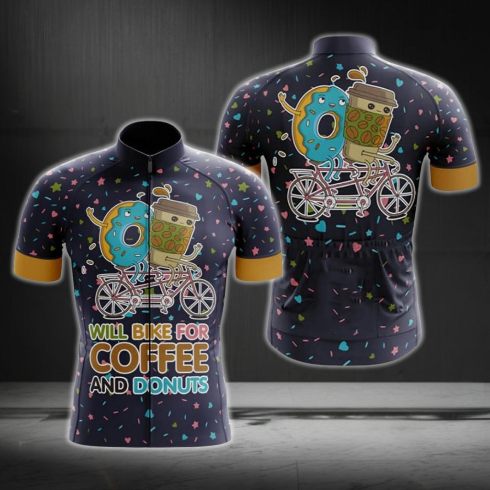 Will Bike For Coffee And Donuts Men's Cycling Short Sleeve Jersey, Coffee And Donuts Cycling Jerseys CG0466