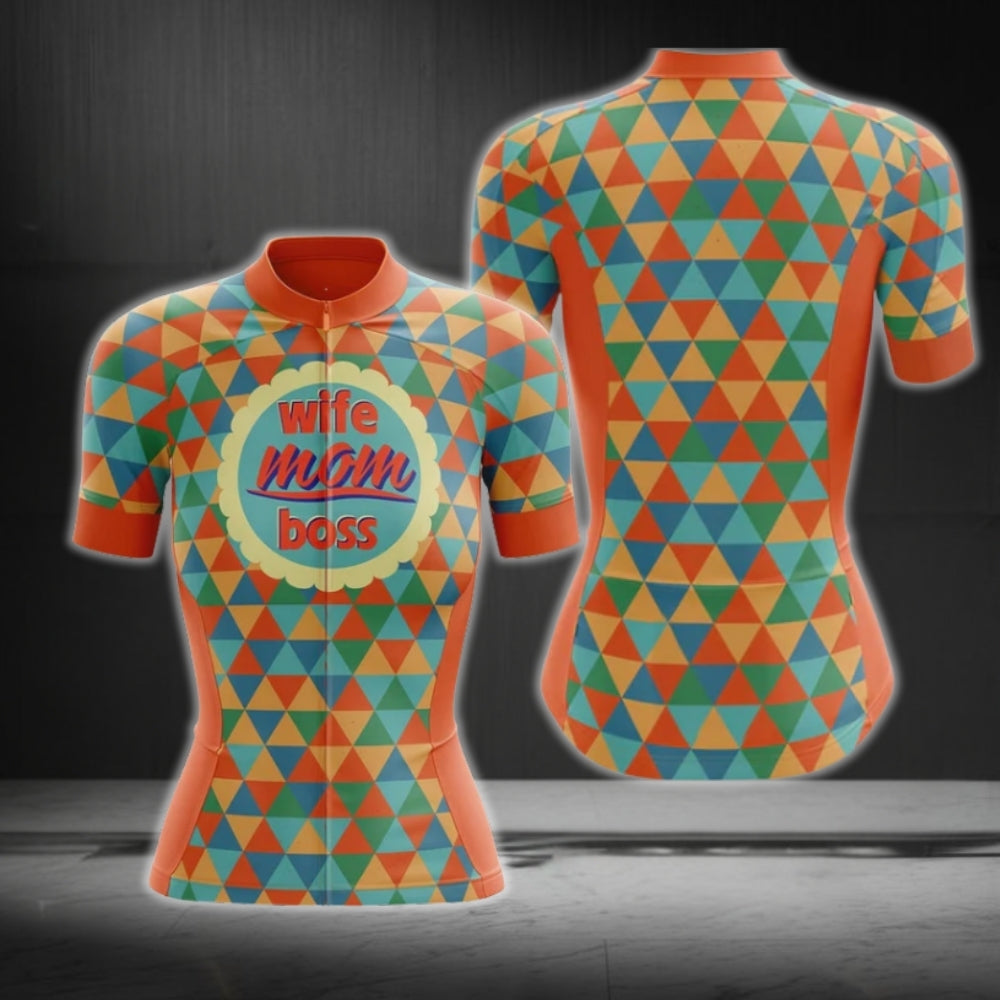 Wife Mom Boss Women's Orange Geometric Cycling Jersey Short Sleeve, Mother's Day Cycling Jerseys CG0068