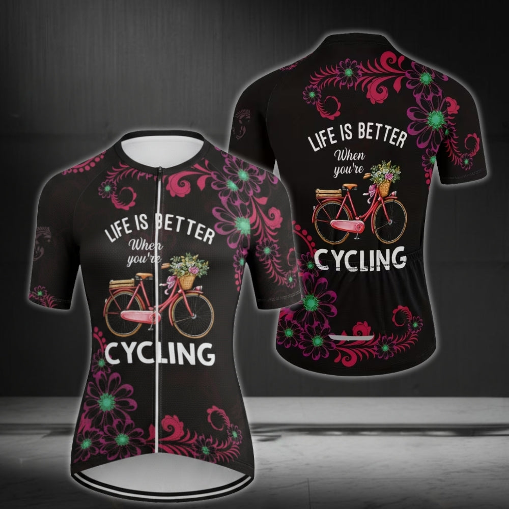 Life Is Better When You're Cycling Women's Floral Cycling Short Sleeve Jersey, Women's Cycling Jerseys CE0021