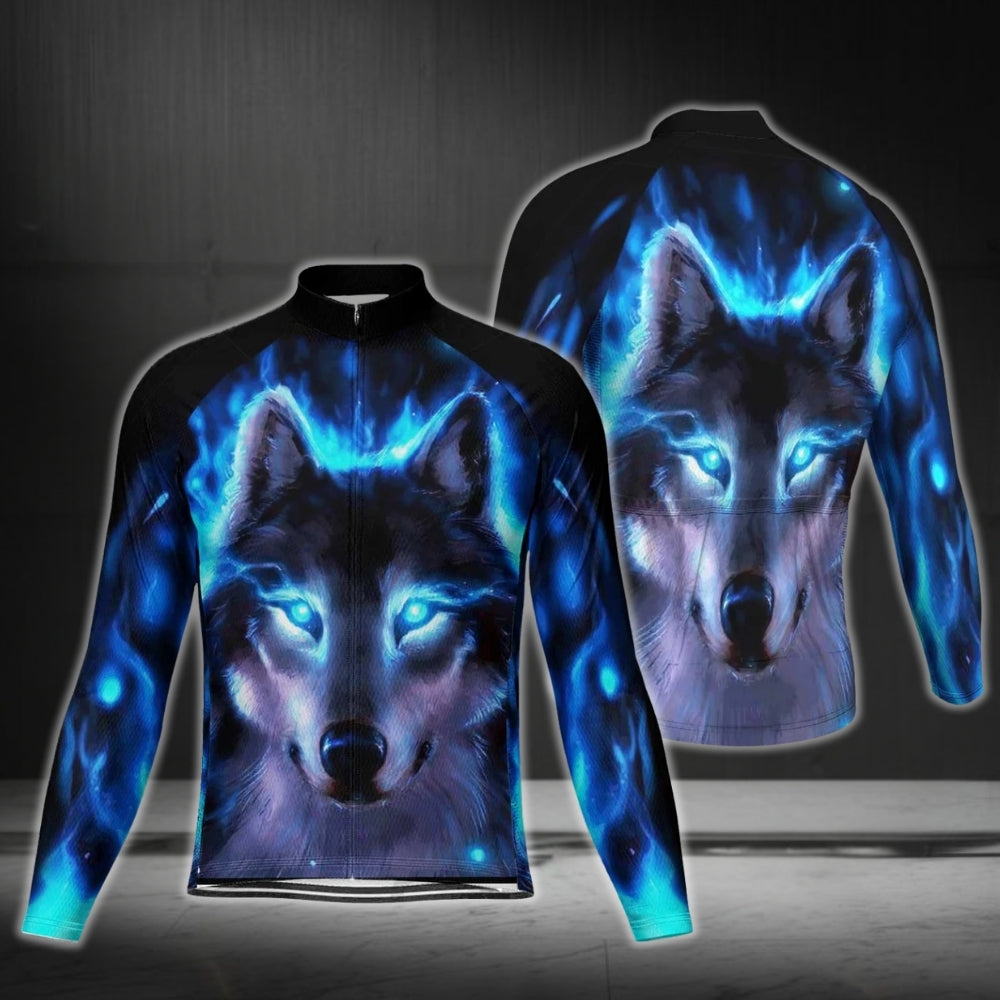 Blue Wolf Long Sleeve Men's Cycling Jersey, Wolf Cycling Jerseys CG0337