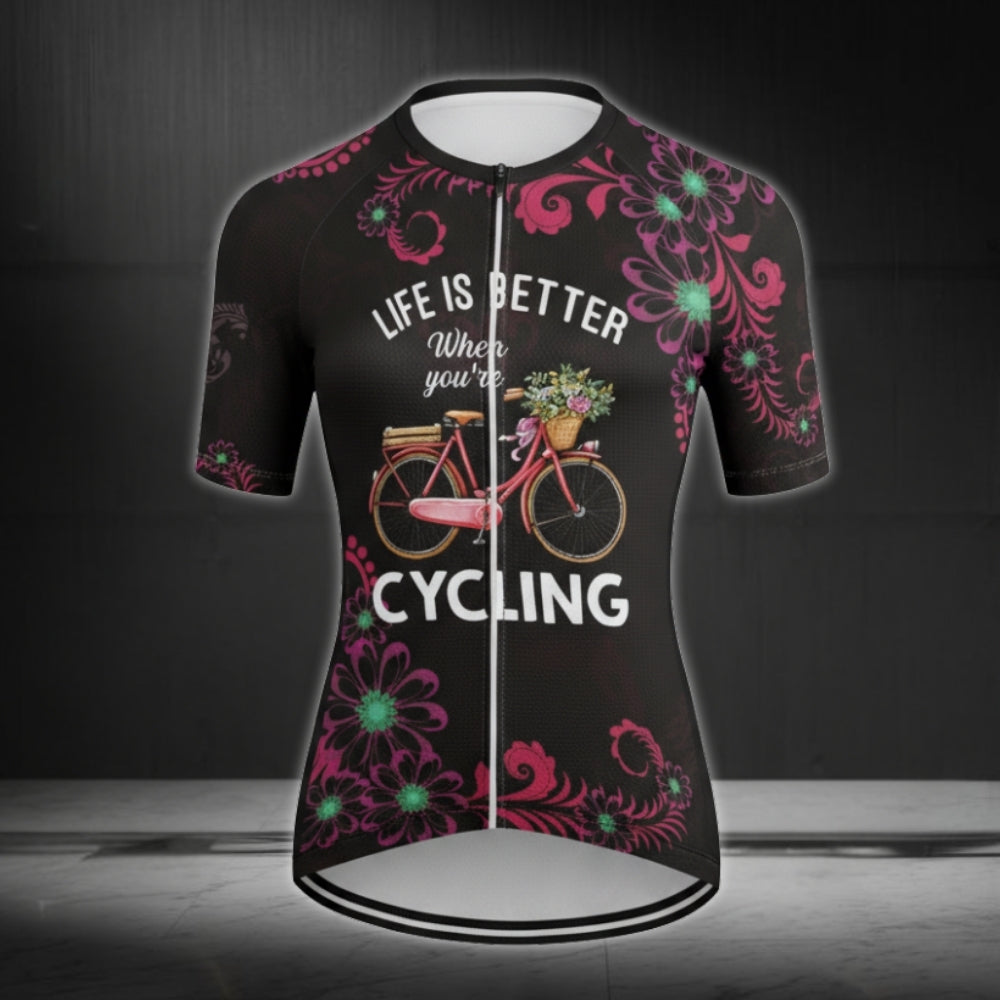 Life Is Better When You're Cycling Women's Floral Cycling Short Sleeve Jersey, Women's Cycling Jerseys CE0021