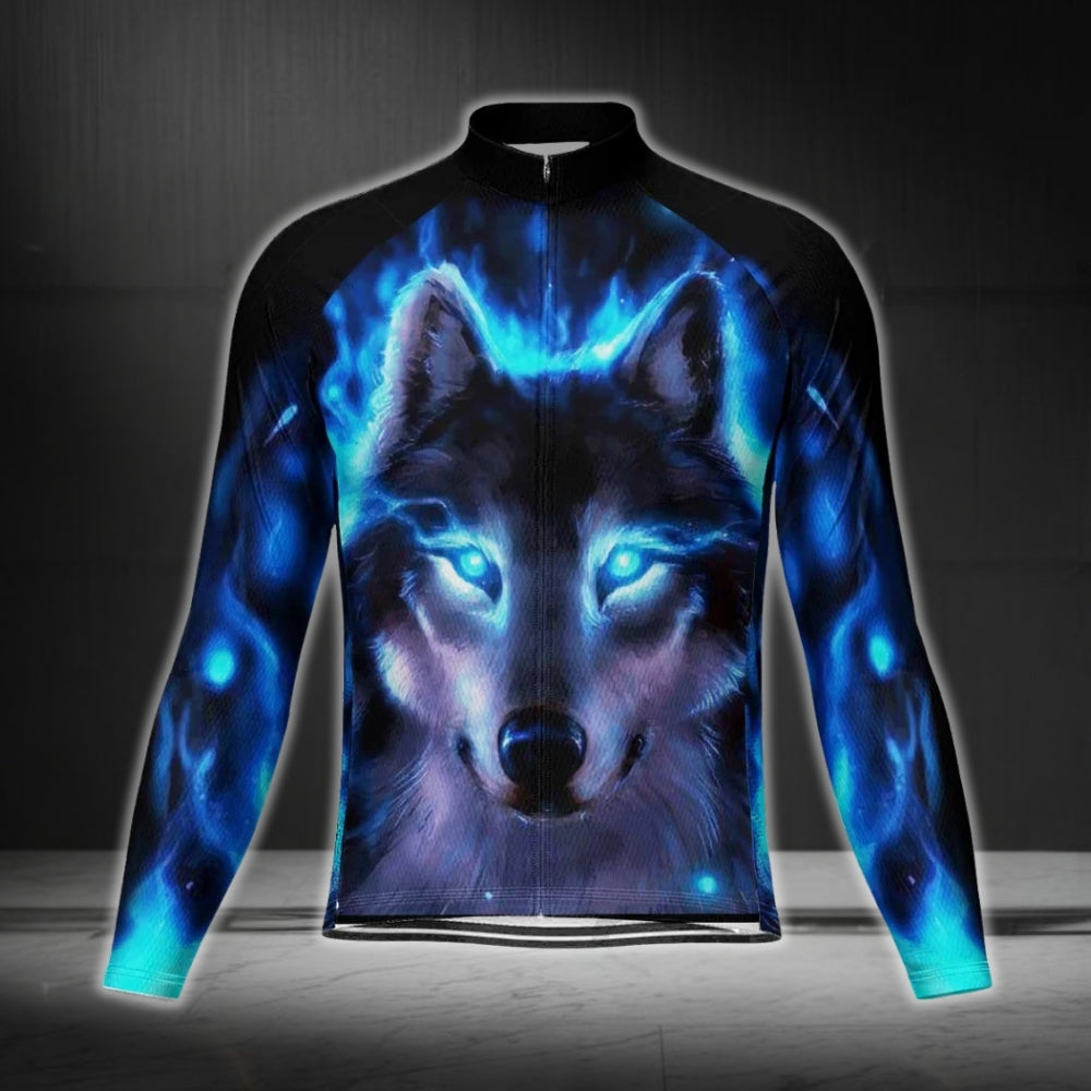 Blue Wolf Long Sleeve Men's Cycling Jersey, Wolf Cycling Jerseys CG0337