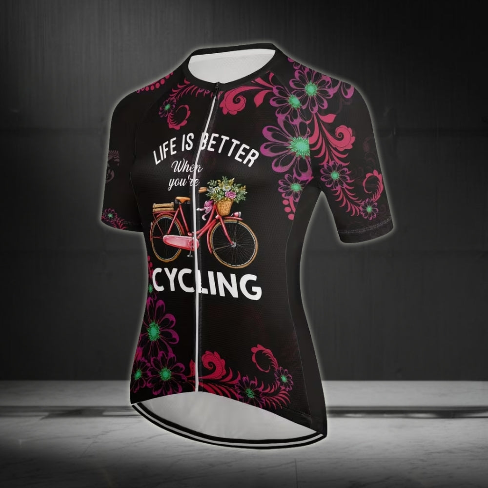 Life Is Better When You're Cycling Women's Floral Cycling Short Sleeve Jersey, Women's Cycling Jerseys CE0021