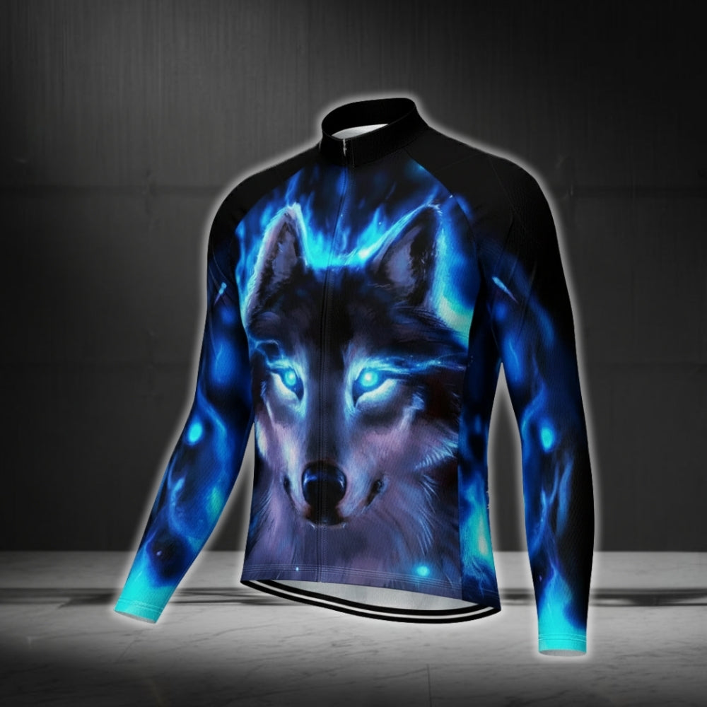 Blue Wolf Long Sleeve Men's Cycling Jersey, Wolf Cycling Jerseys CG0337