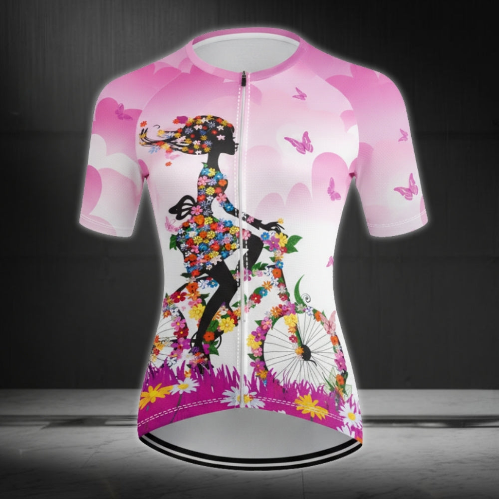 Floral Bicycle Women's Cycling Short Sleeve Jersey, Floral Cycling Jersey For Women CE0022