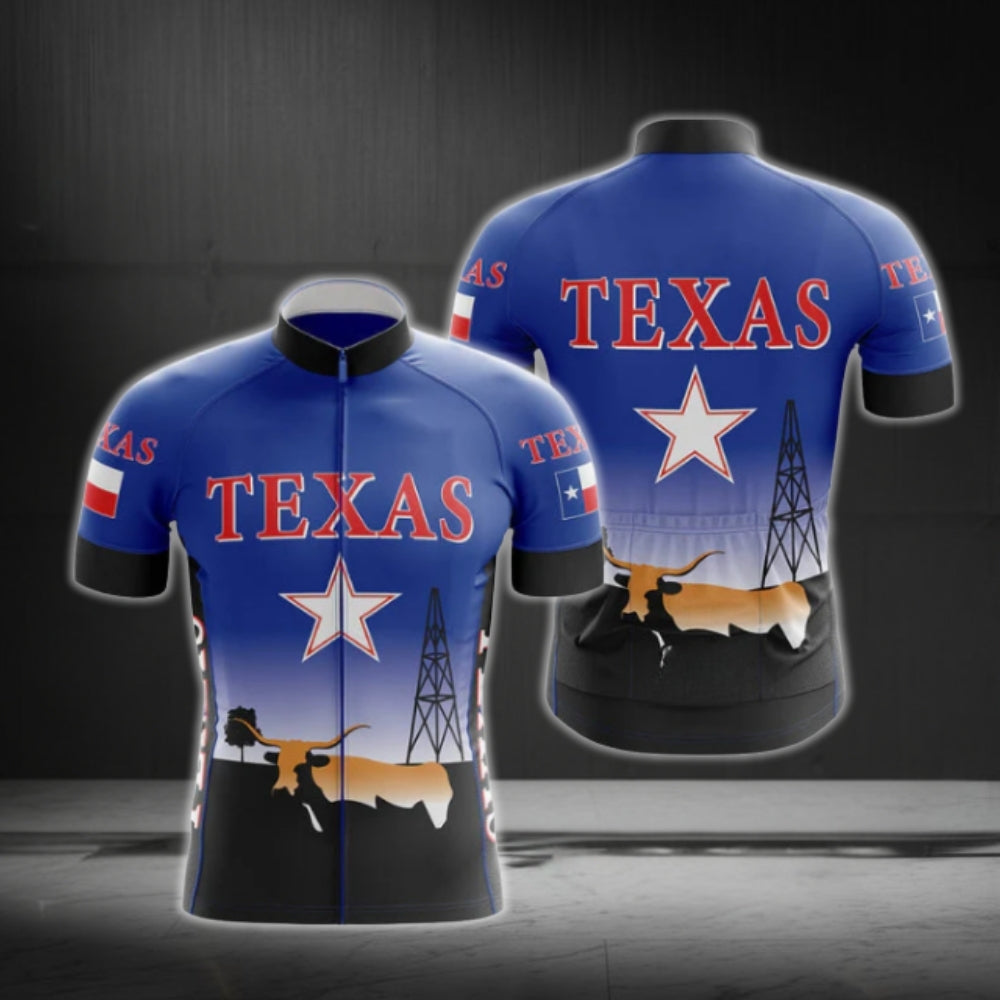 Blue And Black Texas Cycling Short Sleeve Jersey For Men, Texas State Cycling Jerseys CG0562