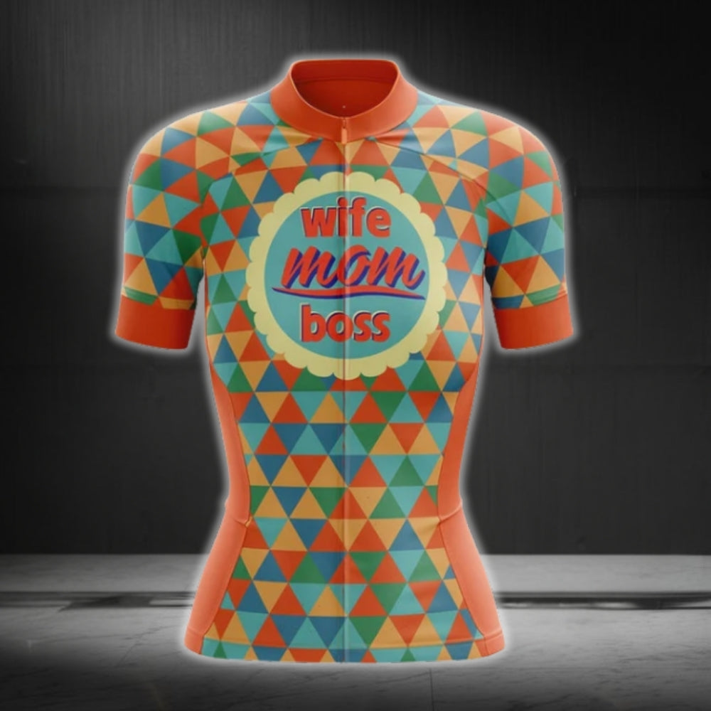 Wife Mom Boss Women's Orange Geometric Cycling Jersey Short Sleeve, Mother's Day Cycling Jerseys CG0068