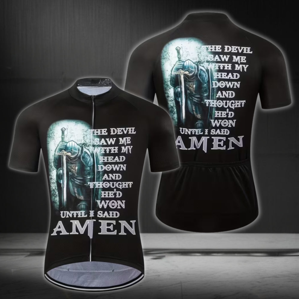 The Devil Saw Me With My Head Down And Thought He'd Won Until I Said Amen Men's Cycling Jersey Short Sleeve, Jesus Cycling Jerseys CE0007