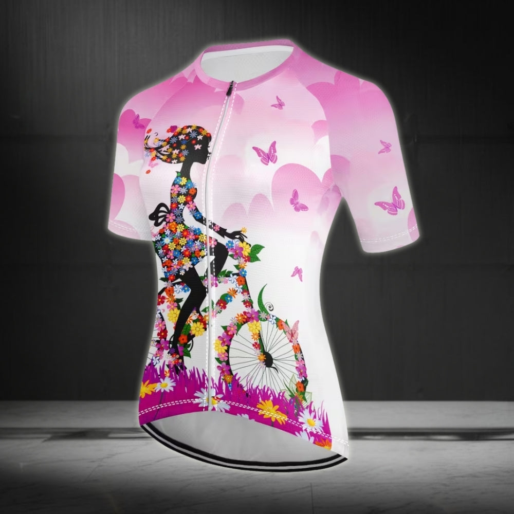 Floral Bicycle Women's Cycling Short Sleeve Jersey, Floral Cycling Jersey For Women CE0022