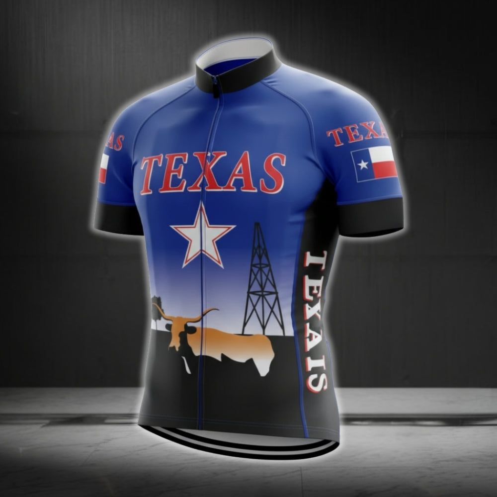 Blue And Black Texas Cycling Short Sleeve Jersey For Men, Texas State Cycling Jerseys CG0562