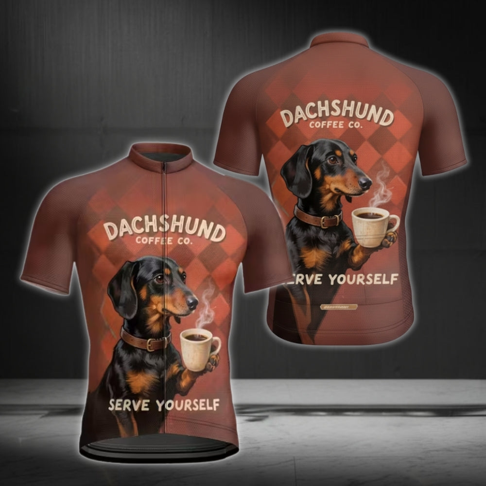 Dachshund Coffee Co Serve Yourself Men's Cycling Short Sleeve Jersey For Men, Funny Dog Cycling Jerseys CE0025