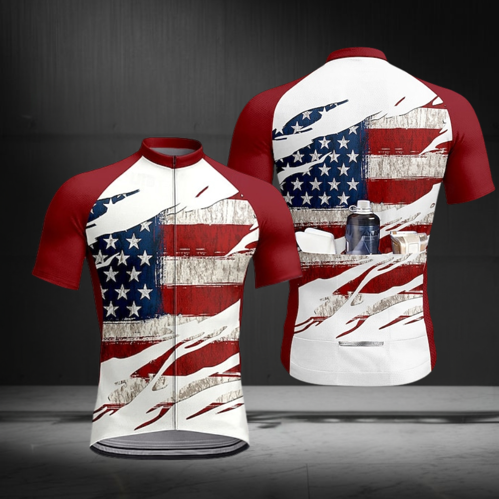 White And Red Grunge USA Flag Cycling Short Sleeve Jersey For Men, Patriotic Cycling Jerseys CZ0149