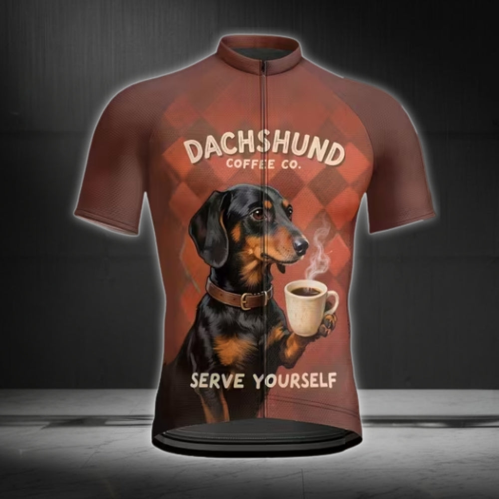 Dachshund Coffee Co Serve Yourself Men's Cycling Short Sleeve Jersey For Men, Funny Dog Cycling Jerseys CE0025