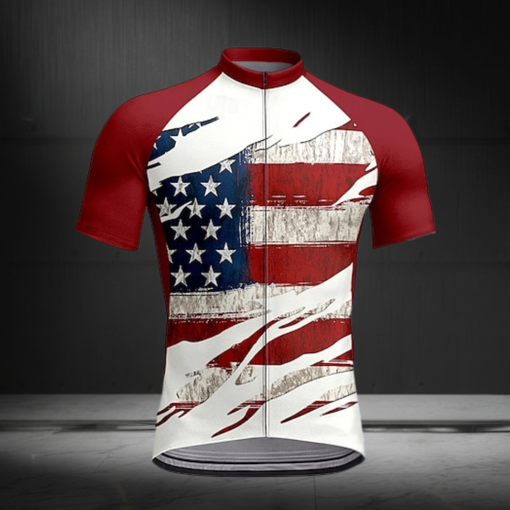 White And Red Grunge USA Flag Cycling Short Sleeve Jersey For Men, Patriotic Cycling Jerseys CZ0149
