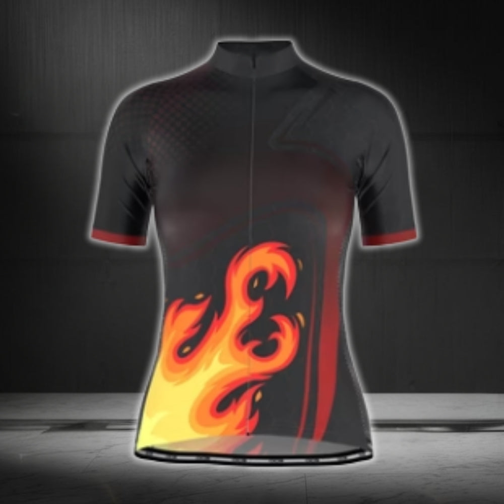 Black And Orange Flame Short Sleeve Cycling Jerseys For Ladies, Women's Flame Cycling Jerseys CG0441
