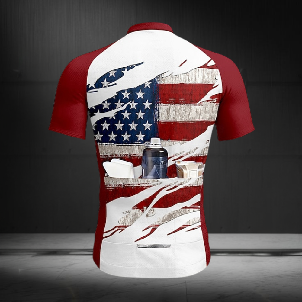 White And Red Grunge USA Flag Cycling Short Sleeve Jersey For Men, Patriotic Cycling Jerseys CZ0149