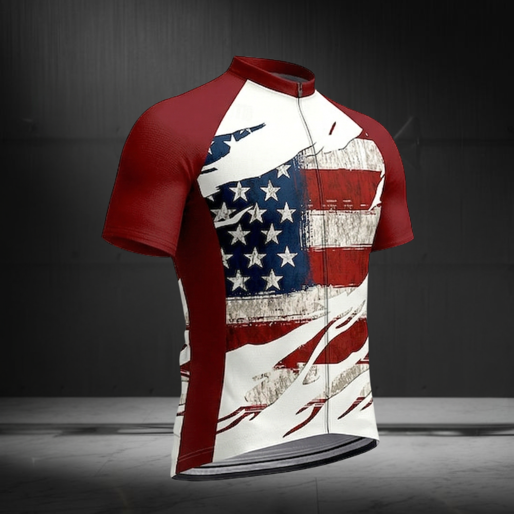 White And Red Grunge USA Flag Cycling Short Sleeve Jersey For Men, Patriotic Cycling Jerseys CZ0149