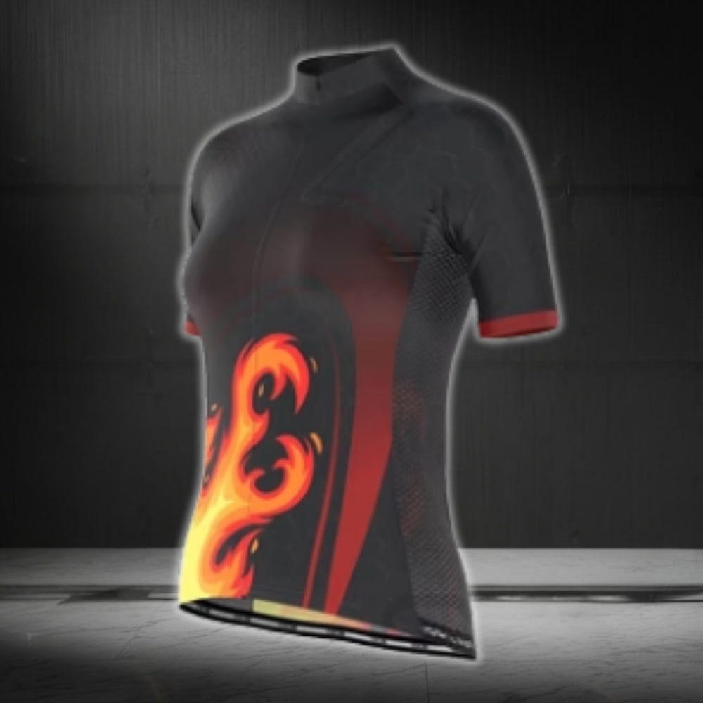 Black And Orange Flame Short Sleeve Cycling Jerseys For Ladies, Women's Flame Cycling Jerseys CG0441