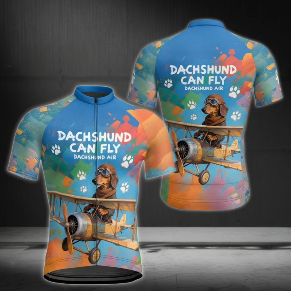 Dachshund Can Fly Men's Colorful Cycling Short Sleeve Jerseys, Dachshund Cycling Jerseys For Mens CE0026