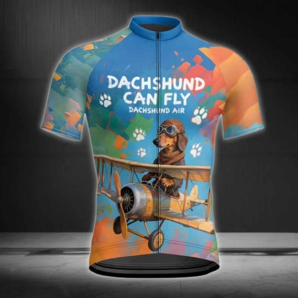Dachshund Can Fly Men's Colorful Cycling Short Sleeve Jerseys, Dachshund Cycling Jerseys For Mens CE0026