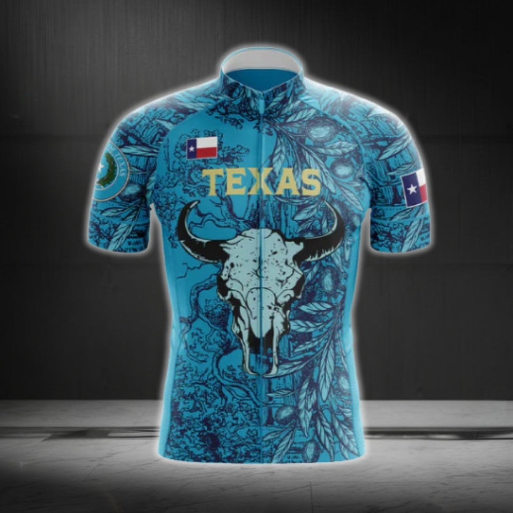 Blue Texas Longhorn Cycling Short Sleeve Jersey For Men, Texas Cycling Jerseys CG0566