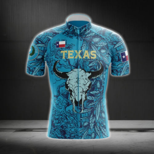 Blue Texas Longhorn Cycling Short Sleeve Jersey For Men, Texas Cycling Jerseys CG0566