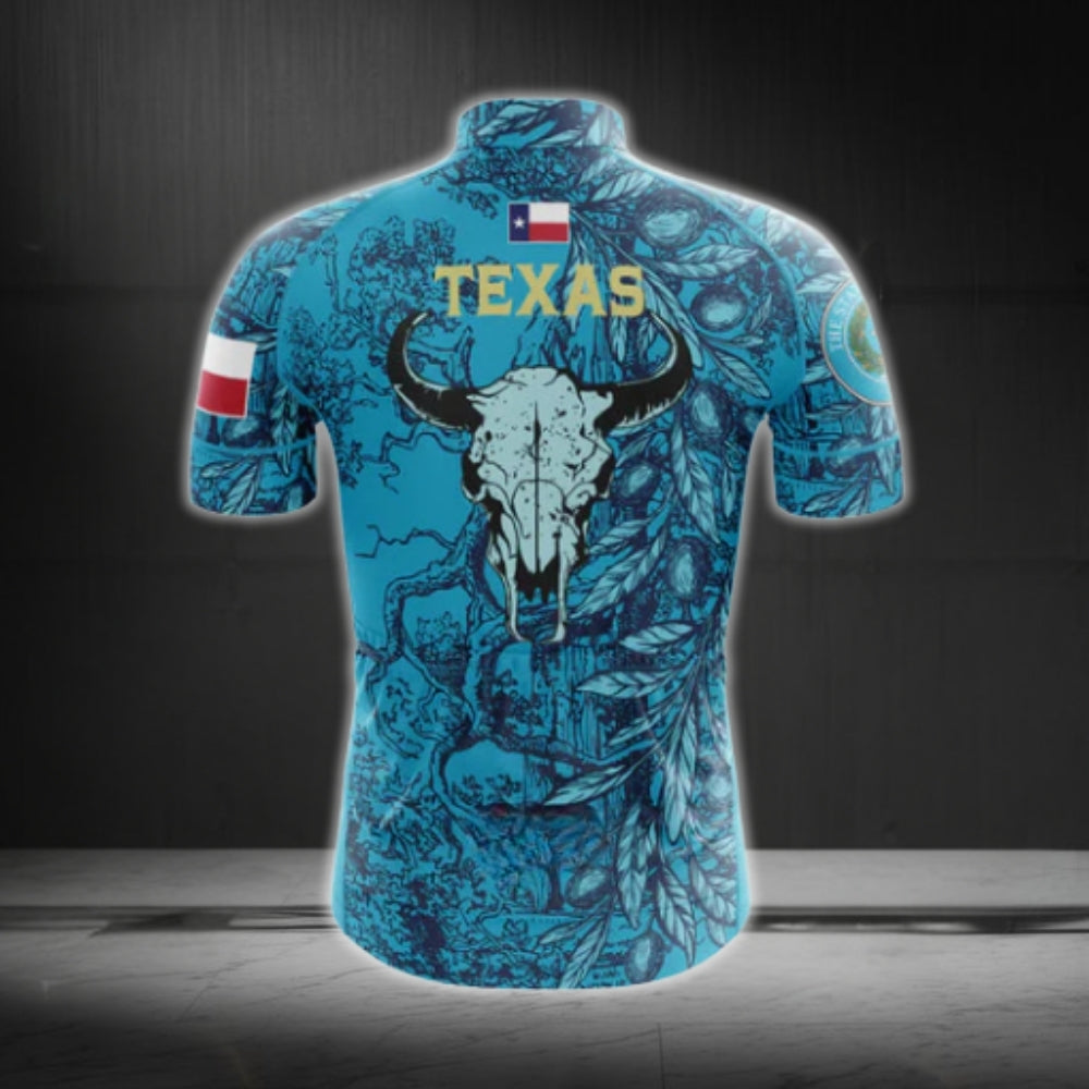 Blue Texas Longhorn Cycling Short Sleeve Jersey For Men, Texas Cycling Jerseys CG0566