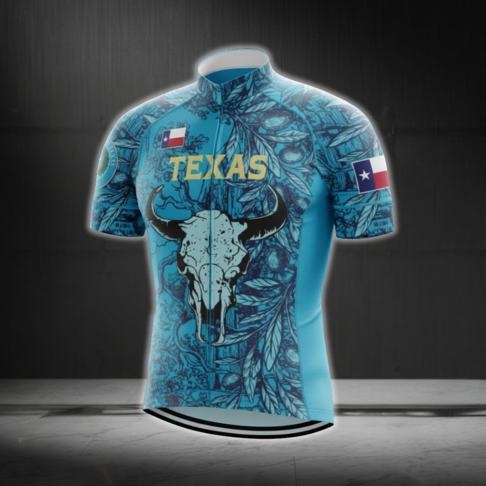 Blue Texas Longhorn Cycling Short Sleeve Jersey For Men, Texas Cycling Jerseys CG0566