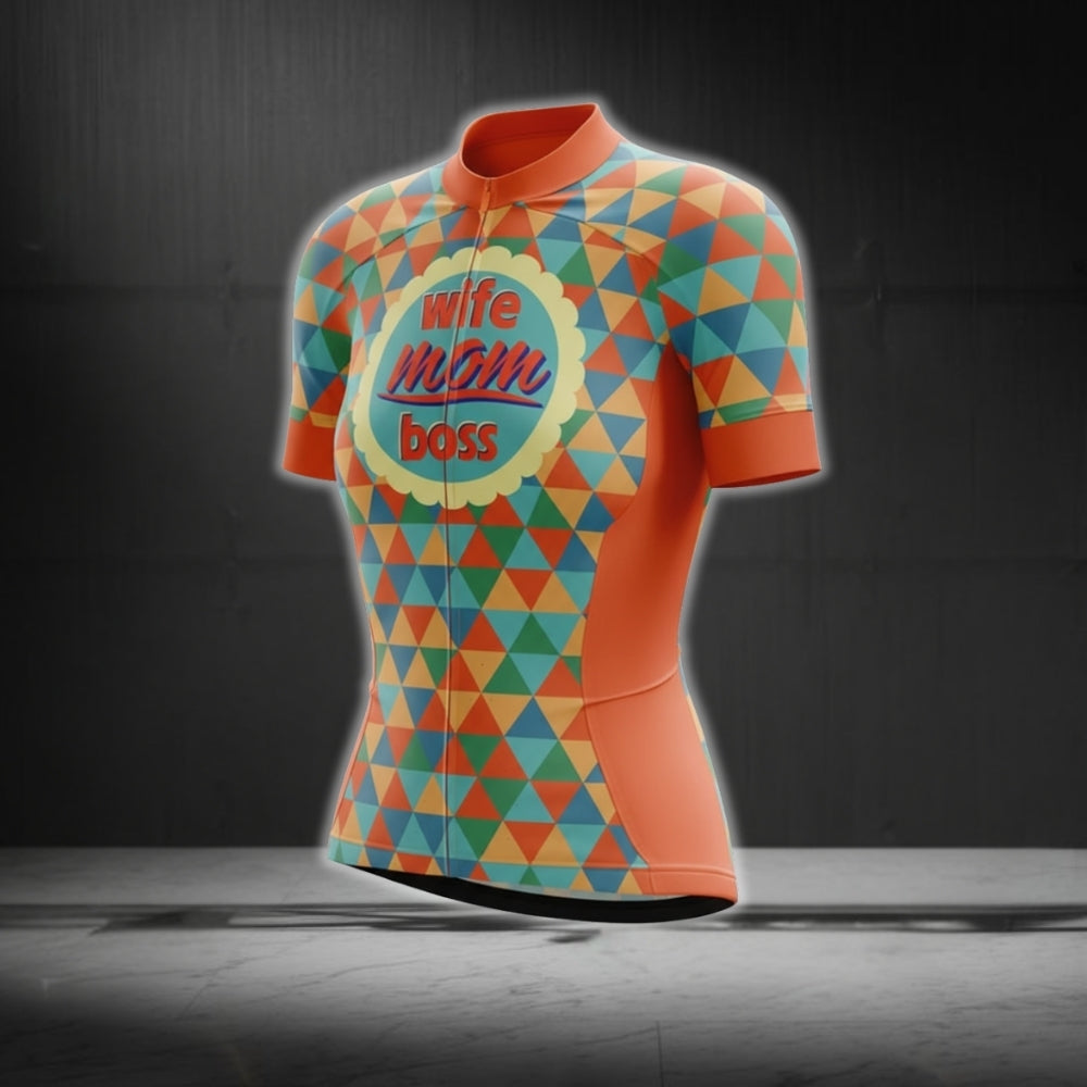 Wife Mom Boss Women's Orange Geometric Cycling Jersey Short Sleeve, Mother's Day Cycling Jerseys CG0068