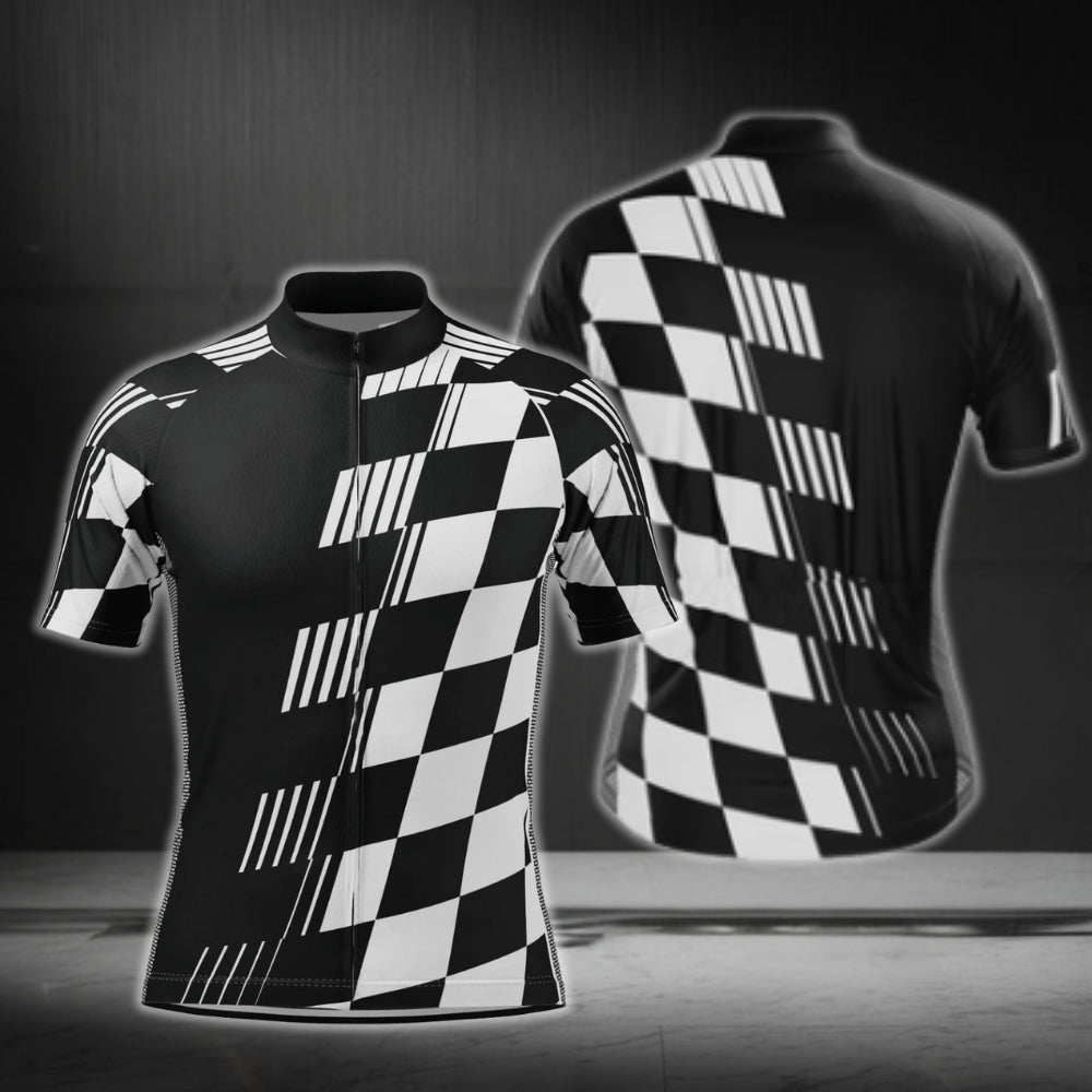 Black And White Checkered Cycling Short Sleeve Men's Jersey, Checkered Cycling Jerseys CG0445