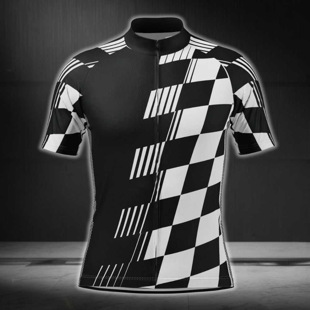 Black And White Checkered Cycling Short Sleeve Men's Jersey, Checkered Cycling Jerseys CG0445