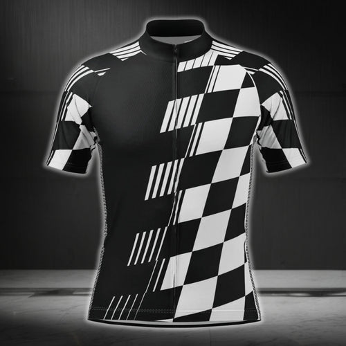 Black And White Checkered Cycling Short Sleeve Men's Jersey, Checkered Cycling Jerseys CG0445