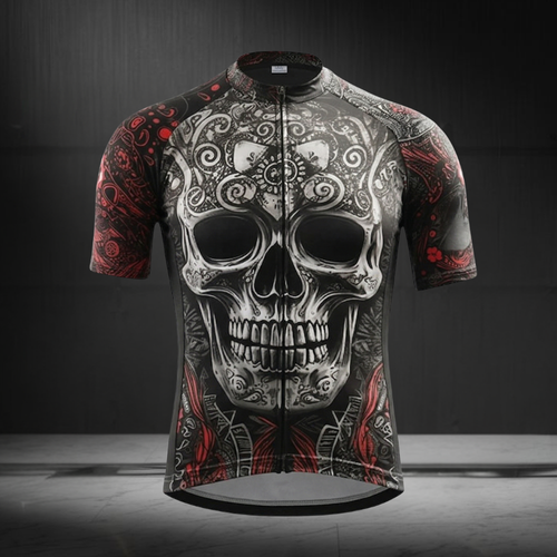 Black And Red Skeleton Cycling Short Sleeve Jersey For Men, Skull Cycling Jerseys CZ0153