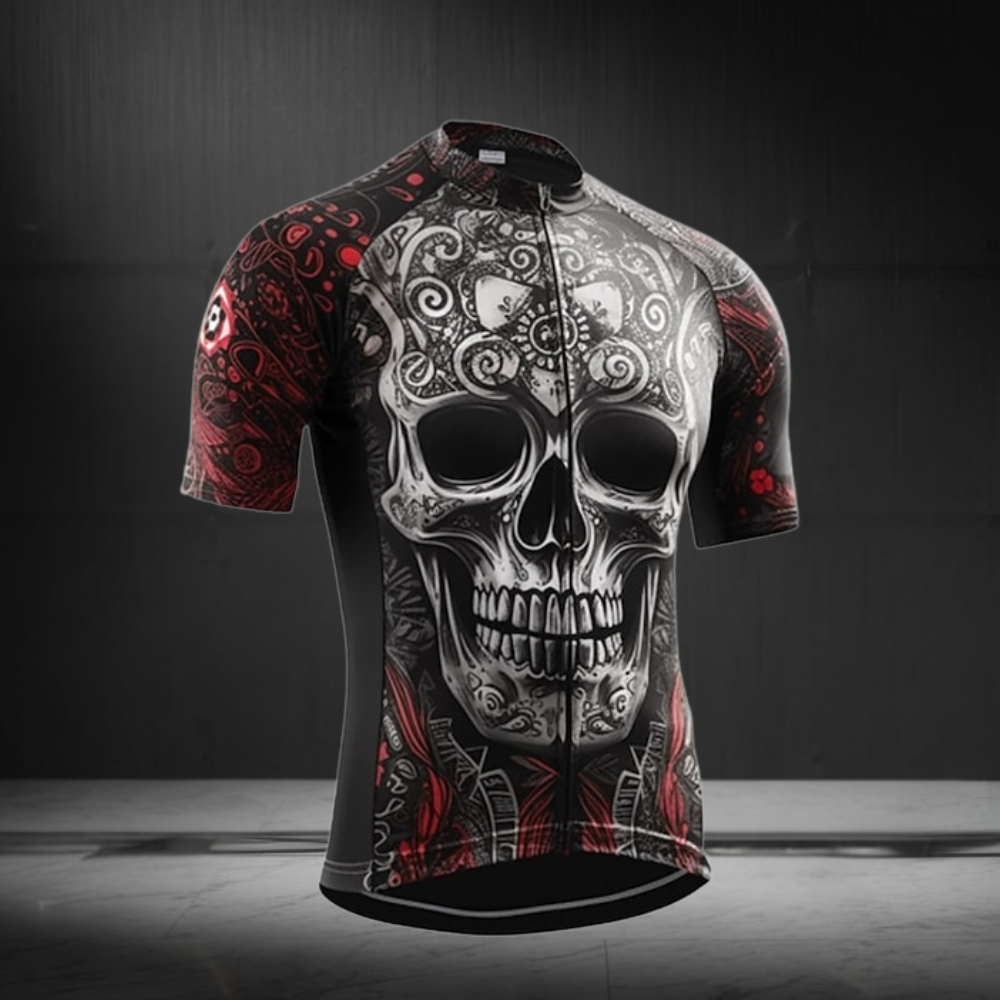 Black And Red Skeleton Cycling Short Sleeve Jersey For Men, Skull Cycling Jerseys CZ0153