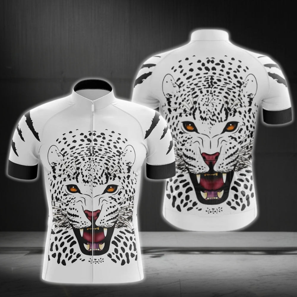 Black And White Leopard Cycling Short Sleeve Jersey For Mens, Leopard Cycling Jerseys CG0220