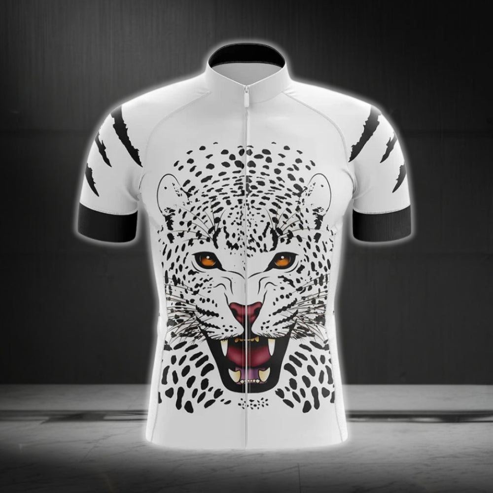 Black And White Leopard Cycling Short Sleeve Jersey For Mens, Leopard Cycling Jerseys CG0220