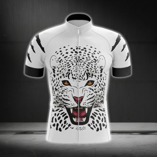Black And White Leopard Cycling Short Sleeve Jersey For Mens, Leopard Cycling Jerseys CG0220