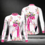White And Pink Custom Flamingo Cycling Long Sleeve Women's Jersey, Custom Flamingo Cycling Jersey For Ladies CG0348
