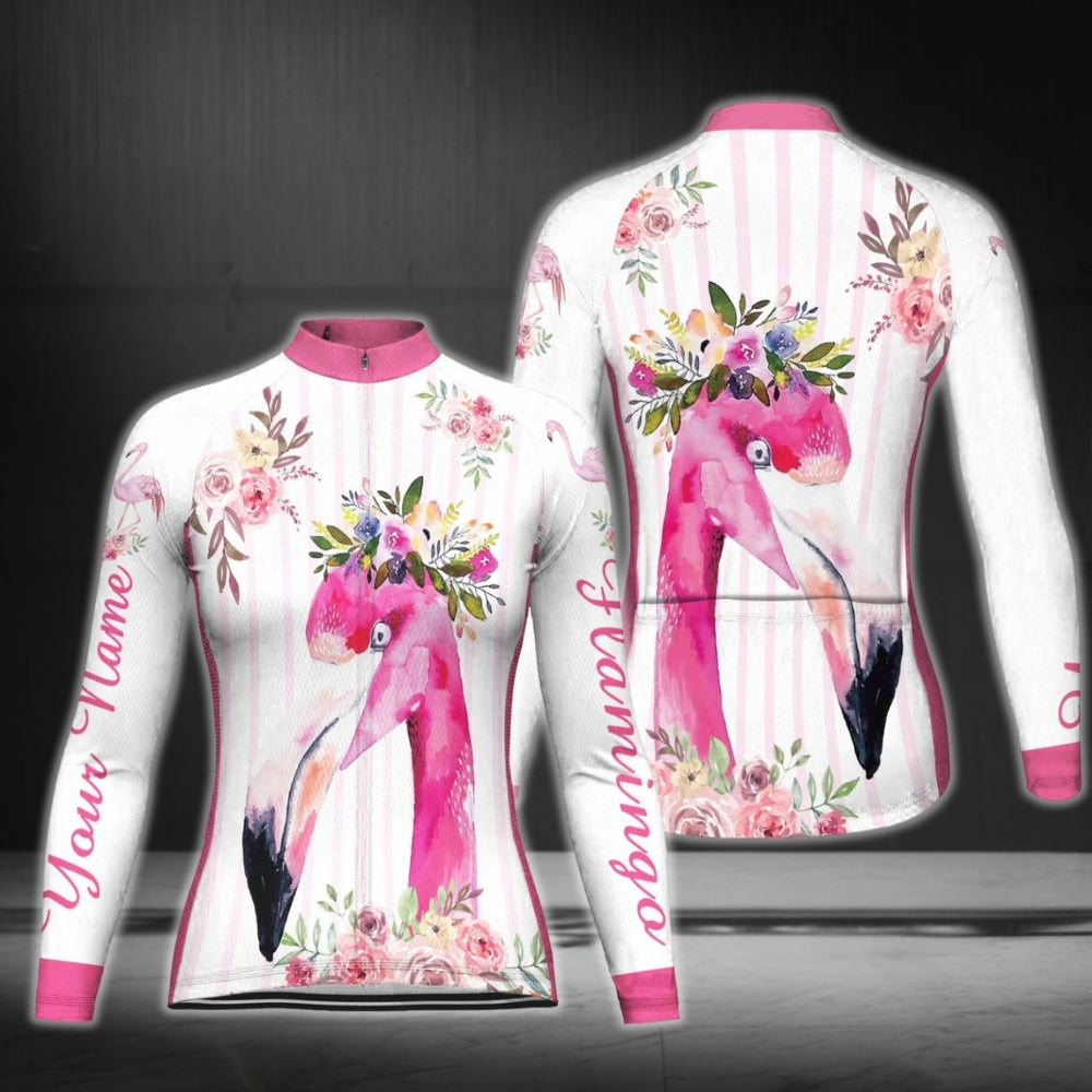 White And Pink Custom Flamingo Cycling Long Sleeve Women's Jersey, Custom Flamingo Cycling Jersey For Ladies CG0348