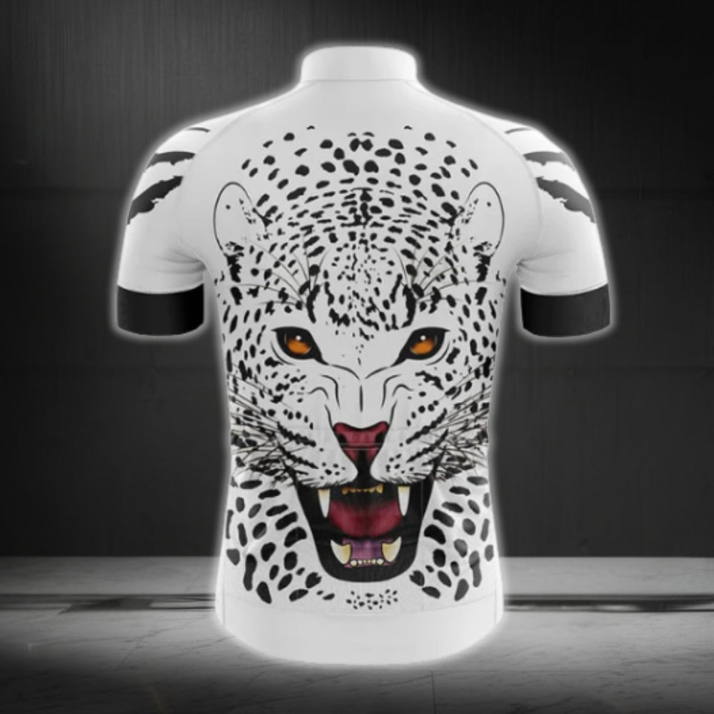 Black And White Leopard Cycling Short Sleeve Jersey For Mens, Leopard Cycling Jerseys CG0220