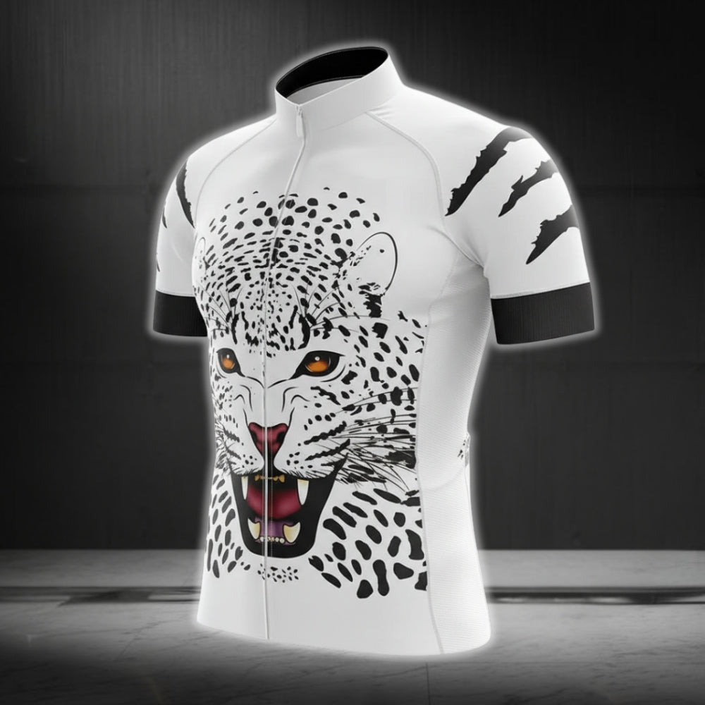Black And White Leopard Cycling Short Sleeve Jersey For Mens, Leopard Cycling Jerseys CG0220