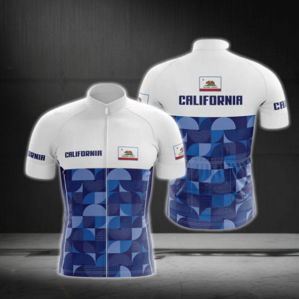 Men's Blue And White California Cycling Short Sleeve Jersey, California Cycling Jerseys CG0571