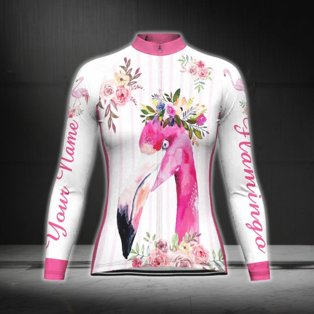 White And Pink Custom Flamingo Cycling Long Sleeve Women's Jersey, Custom Flamingo Cycling Jersey For Ladies CG0348