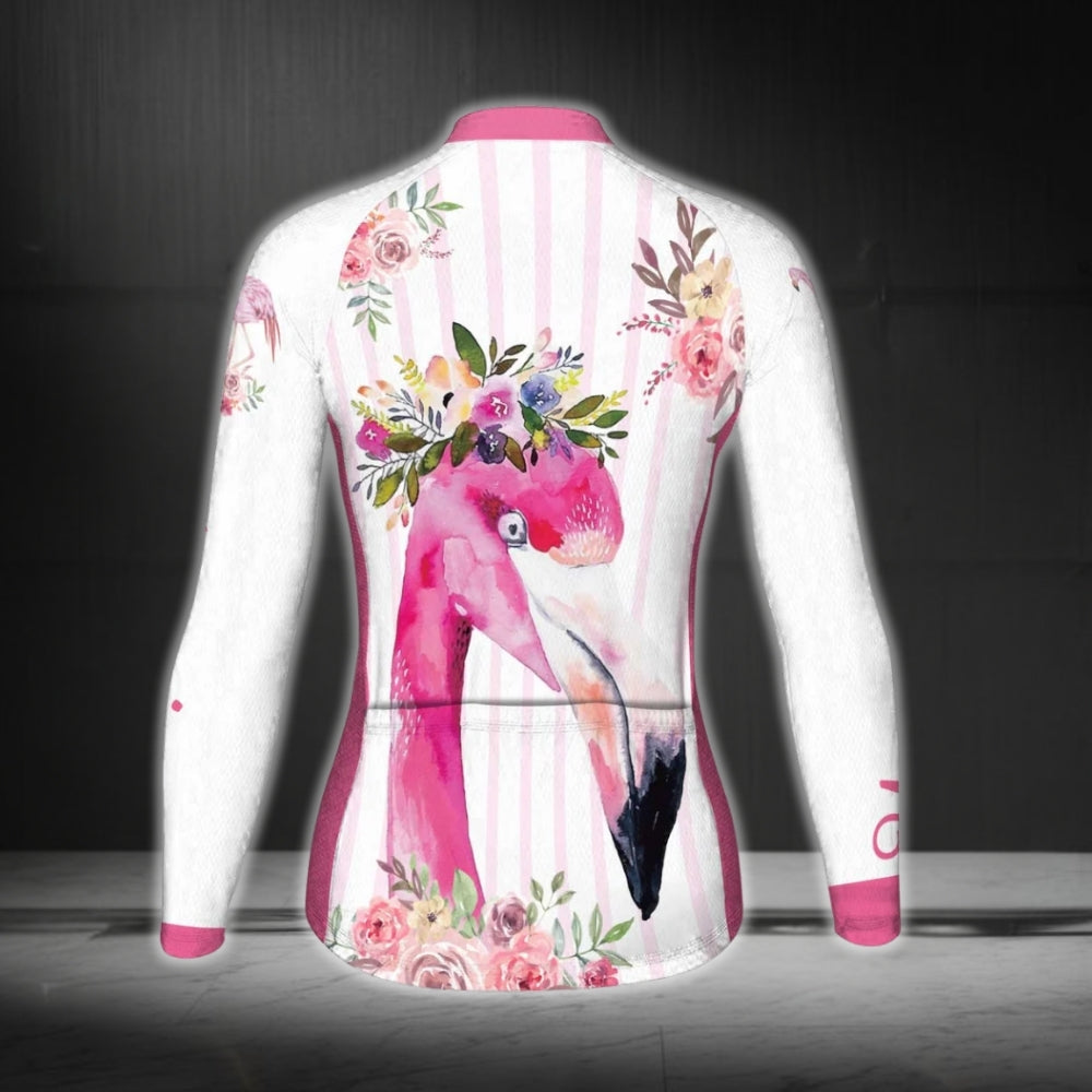 White And Pink Custom Flamingo Cycling Long Sleeve Women's Jersey, Custom Flamingo Cycling Jersey For Ladies CG0348