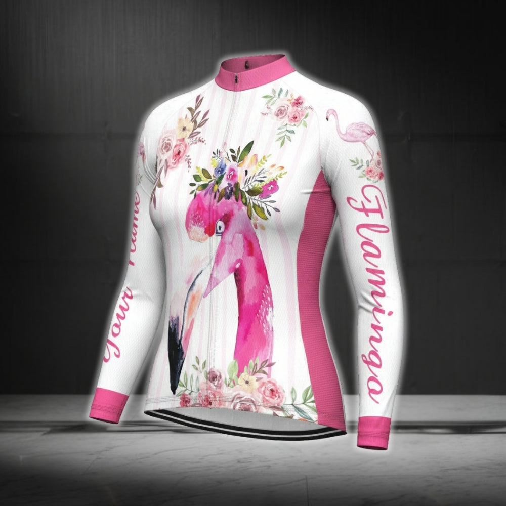 White And Pink Custom Flamingo Cycling Long Sleeve Women's Jersey, Custom Flamingo Cycling Jersey For Ladies CG0348
