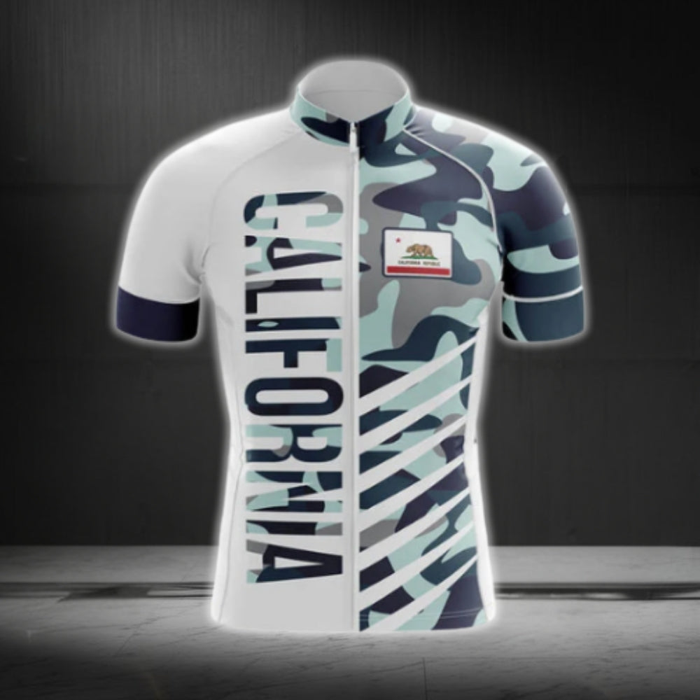 White And Blue Camo California Cycling Short Sleeve Jersey For Men, California Cycling Jerseys CG0572
