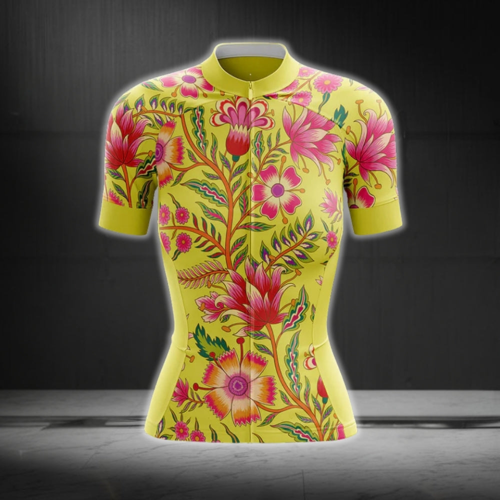 Women's Floral Yellow Cycling Short Sleeve Jersey, Floral Cycling Jerseys CG0221