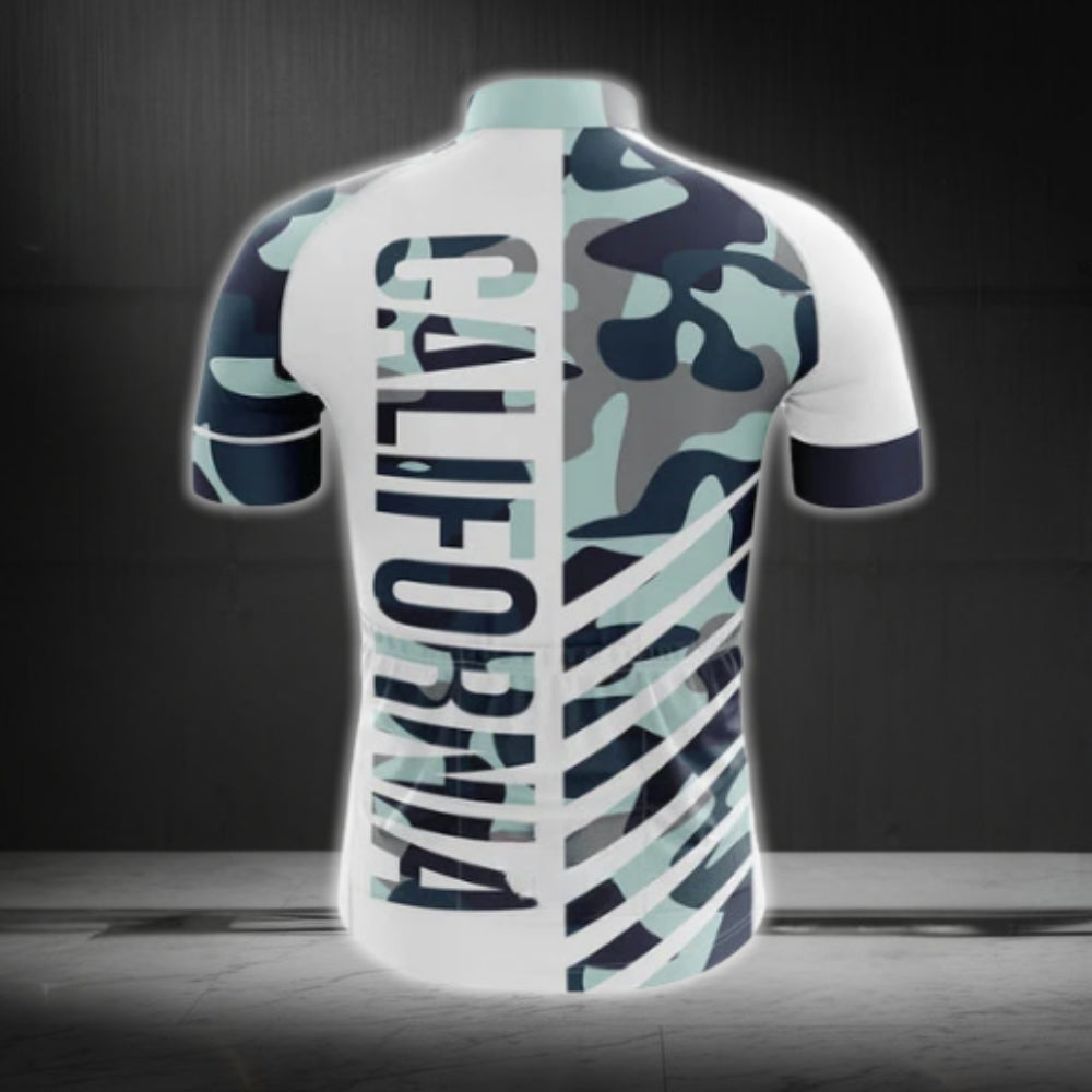 White And Blue Camo California Cycling Short Sleeve Jersey For Men, California Cycling Jerseys CG0572
